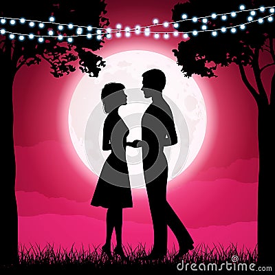 Silhouettes of young woman and man on the moon background Vector Illustration