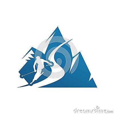 silhoutte of ice mountain and skiing person for ski logo vector design Vector Illustration
