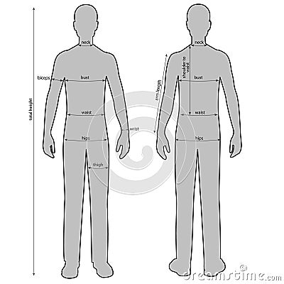 Silhouttes of man with measurement lines of body parameters . Vector Illustration