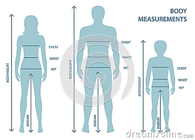 Silhouttes of man, women and boy in full length with measurement lines of body parameters . Vector Illustration