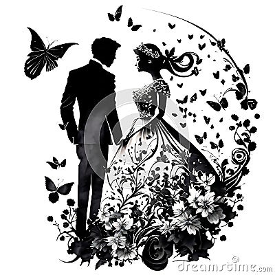 Silhuette of a couple in a wedding ink background Stock Photo
