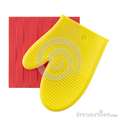 Silicon, silicone pot holders, red and yellow, isolated on white background. Modern kitchenware, square and mitt glove Stock Photo