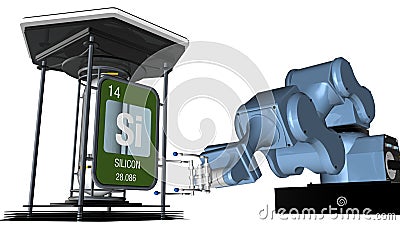 Silicon symbol in square shape with metallic edge in front of a mechanical arm that will hold a chemical container. 3D render. Stock Photo