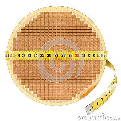 Silicon Wafer with Processor Cores with measure tape around, 3D rendering Stock Photo