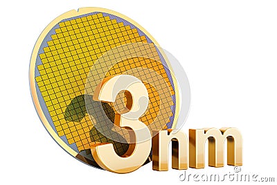 Silicon Wafer with Processor Cores, 3nm size. 3D rendering Stock Photo