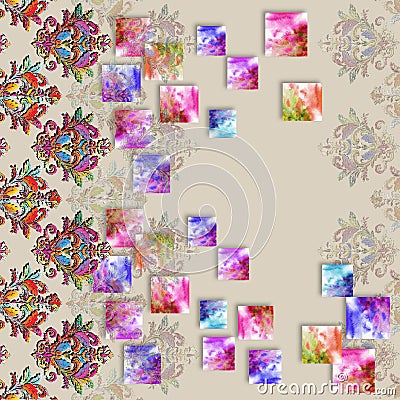 silk scarf design with colorful watercolor damask ornaments Stock Photo