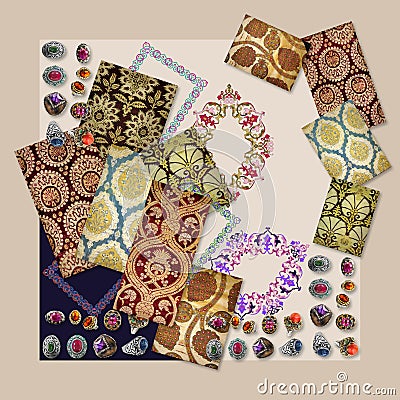 silk scarf design with ottoman motif fabric and jewels Stock Photo