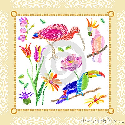 Silk scarf with flowers and tropical birds. Vector Illustration