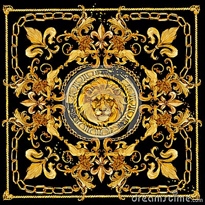 Gold chains seamless border. luxury illustration. golden Lion head and lace. damask pattern design. vintage riches background. Stock Photo