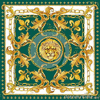 Silk scarf with golden lion and damask ornament. luxury shawl design. gold lace Stock Photo