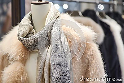 silk scarf on mannequin with a faux fur coat in a luxe display Stock Photo