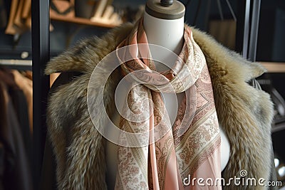 silk scarf on mannequin with a faux fur coat in a luxe display Stock Photo