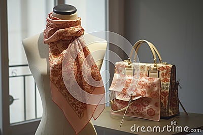 silk scarf on mannequin with matching handbag on display Stock Photo