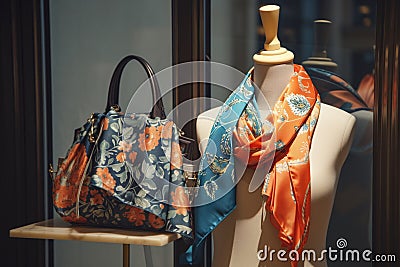 silk scarf on mannequin with matching handbag on display Stock Photo