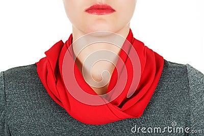 Silk scarf. Red silk scarf around her neck isolated on white background. Stock Photo