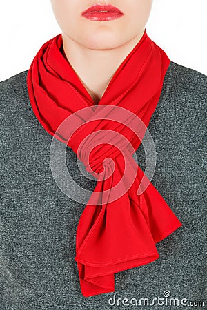 Silk scarf. Red silk scarf around her neck isolated on white background. Stock Photo