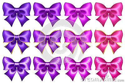 Silk ultra violet and pink bows with golden border and glitter Vector Illustration