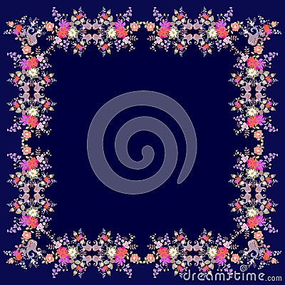 Silk vintage scarf with bright floral ornament and paisley on dark blue background. Greeting or invitation card Stock Photo