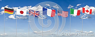 Silk waving G7 flags of countries of Group of Seven Canada, Germany, Italy, France, Japan, USA states, United Kingdom. Blue sky Cartoon Illustration