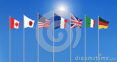 Silk waving G7 flags of countries of Group of Seven Canada, Germany, Italy, France, Japan, USA states, United Kingdom. Blue sky Cartoon Illustration