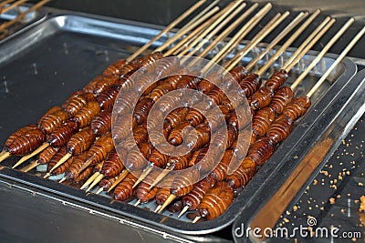 Silk worm at Donghuamen Night Market, Beijing, China Stock Photo