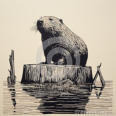 Silkscreen Print Of A Majestic Beaver By Calm Waters Cartoon Illustration