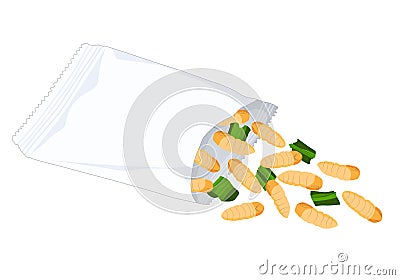 Silkworm Pupa Chrysalis insects for eat as food deep-fried crispy snack with vegetable in a foil wrap bag ready to eating. It is Vector Illustration