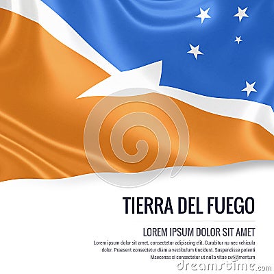 Silky flag of Tierra Del Fuego waving on an isolated white background with the white text area for your advert message. Stock Photo