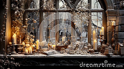 The sill of a winter window with various antique objects Cartoon Illustration