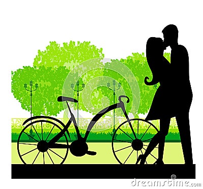 Sillhouette of sweet young couple in love standing in the park Vector Illustration