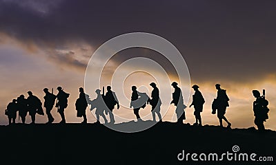 Sillouette of WW2 Army Soldiers at dusk Stock Photo