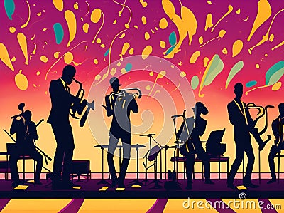 Sillouhate of jazz band on stage with colorful backdrop Stock Photo