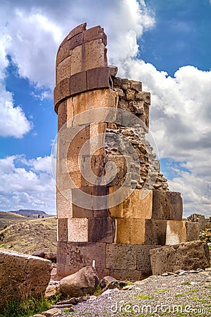 Sillustani - pre-Incan burial ground (tombs) on the shores of La Stock Photo