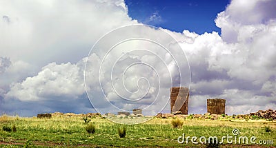 Sillustani - pre-Incan burial ground (tombs) on the shores of La Stock Photo