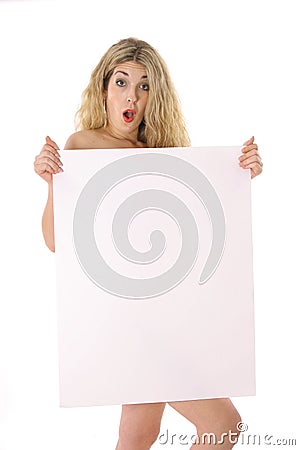 Silly beautiful naked blonde holding a blank sign Stock Photo