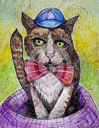 Silly cat with hat and bow tie art Stock Photo