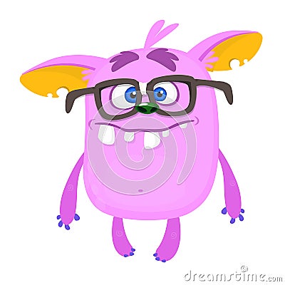 Silly cool cartoon monster wearing eyeglasses. Vector Halloween character. Troll or goblin or gremlin mascot. Vector Illustration