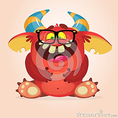 Silly cool horned monster smiling and wear eyeglasses Vector Illustration