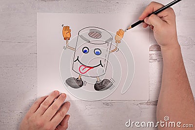 Silly face with tongue sticking out drawn on cartoon doodle of dancing toilet paper Stock Photo