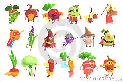 Silly Fantastic Fruit And Vegetable Characters Set Vector Illustration