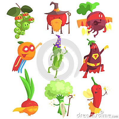 Silly Fantastic Fruit And Vegetable Characters Set Vector Illustration