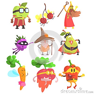 Silly Fantasy Fruit And Vegetable Characters Set Vector Illustration