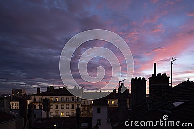 Silouhette of rooftops in the city of Lyon in France in the early morning Stock Photo