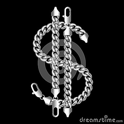 Silver american dollar money sign made of shiny thick golden chain. Vector Illustration