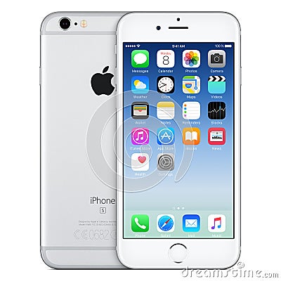 Silver Apple iPhone 6s front view with iOS 9 on the screen Editorial Stock Photo