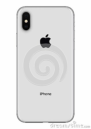 Silver Apple iPhone X back side front view isolated on white background Editorial Stock Photo