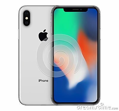 Silver Apple iPhone X mockup front view with wallpaper screen and iPhone 10 back side behind it Editorial Stock Photo