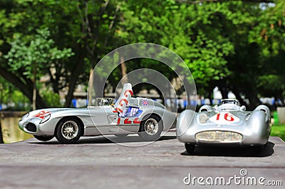 Silver arrows racing cars: Mercedes-Benz 300 SLR and Mercedes-Benz W196R Editorial Stock Photo