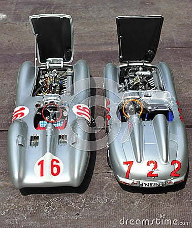 Silver arrows racing cars: Mercedes-Benz 300 SLR and Mercedes-Benz W196R Editorial Stock Photo