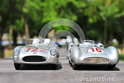 Silver arrows racing cars: Mercedes-Benz 300 SLR and Mercedes-Benz W196R Editorial Stock Photo